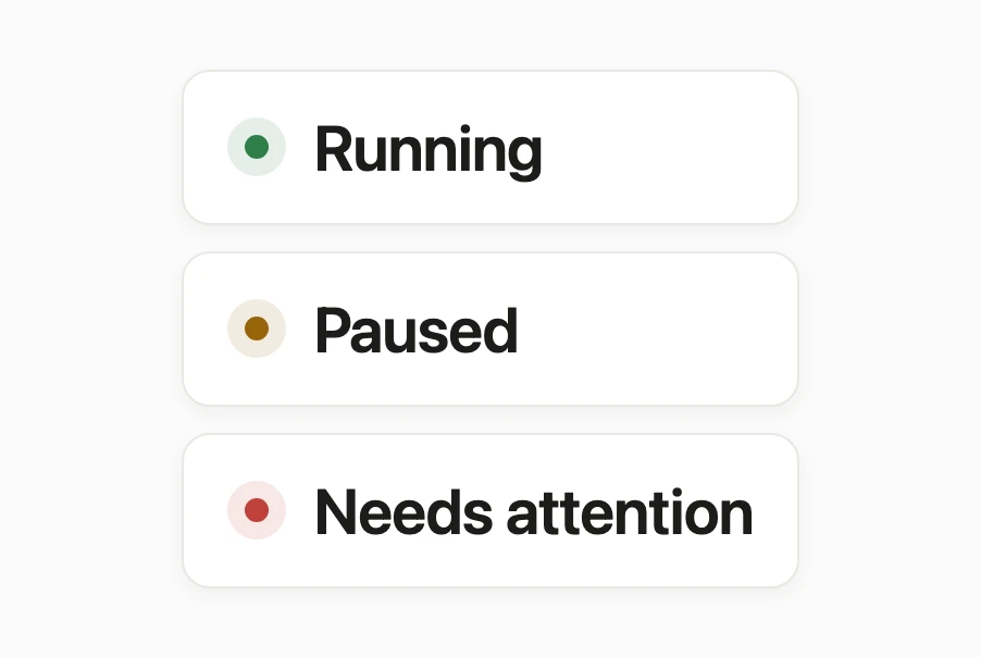 The three virtual server states: Running, Paused, Needs attention