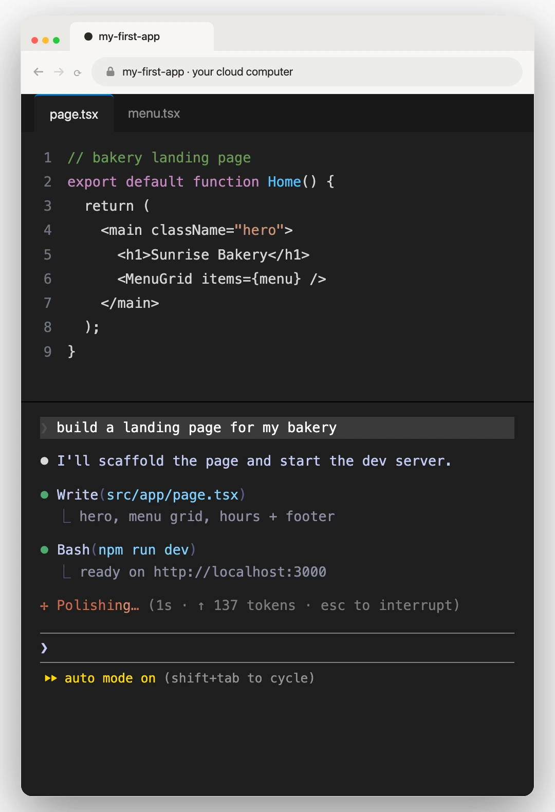 A browser window with Claude Code working on a Tireless cloud computer